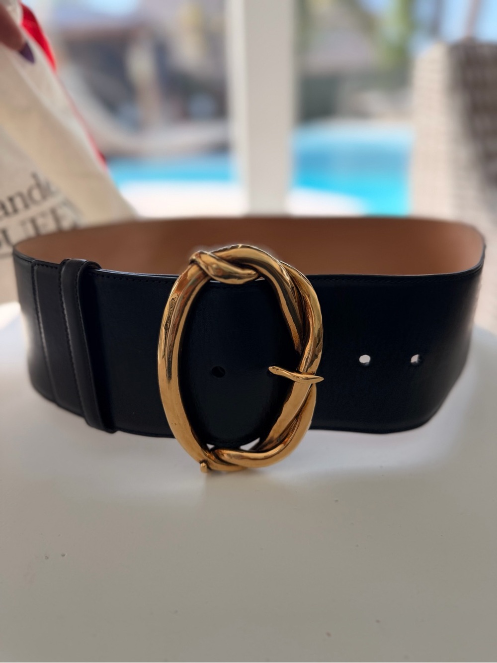Alexander McQueen Black Leather Belt with Gold Twisted Oval Buckle